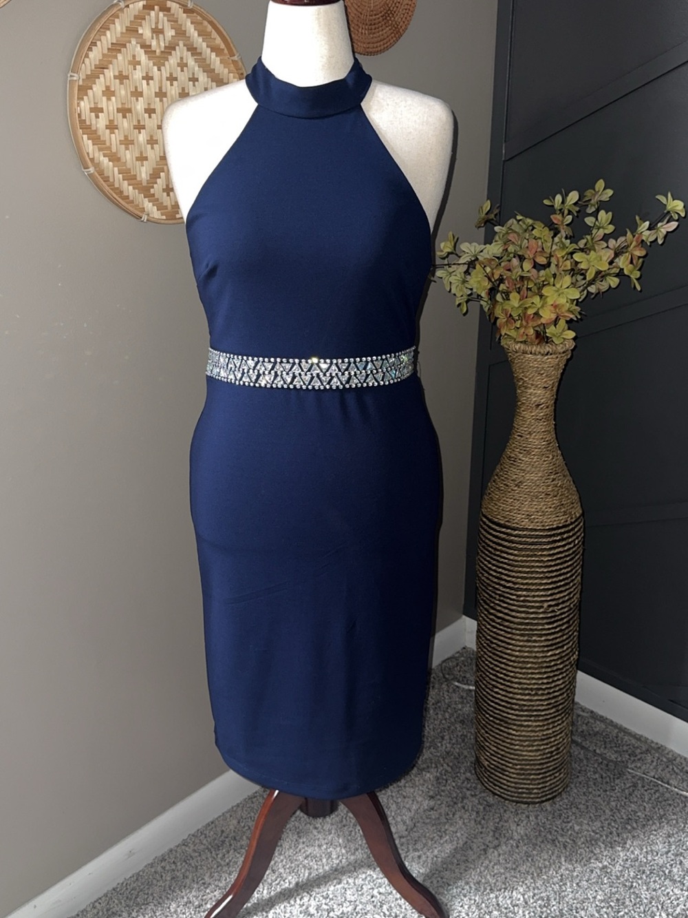 BECCA Navy Halter Midi Dress with Embellished Waist